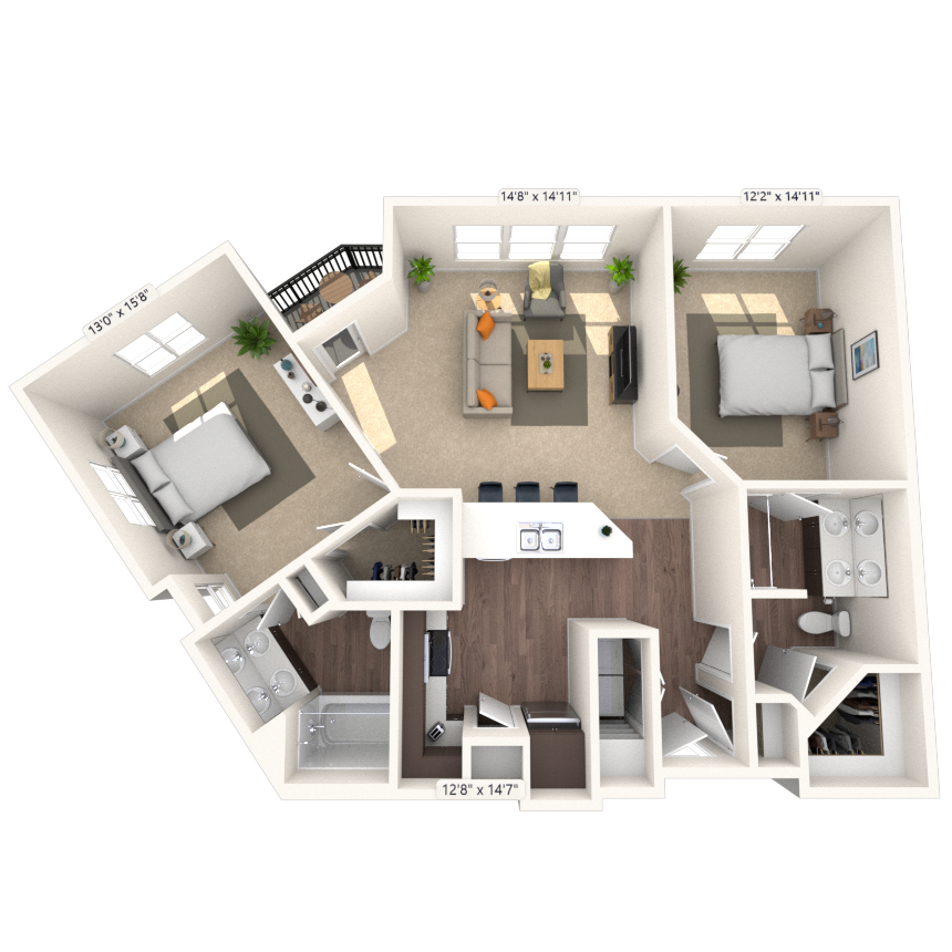 Floor plan for 2 beds, 2 baths, 1112 sqft